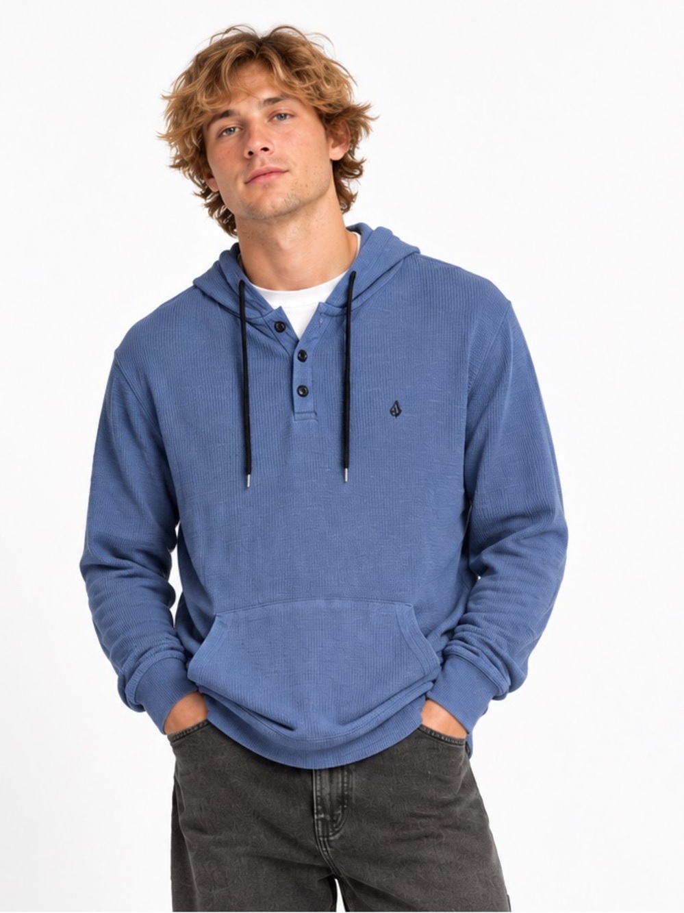 Volcom Men’s XL Blue Waffle Thermal Henley Hoodie